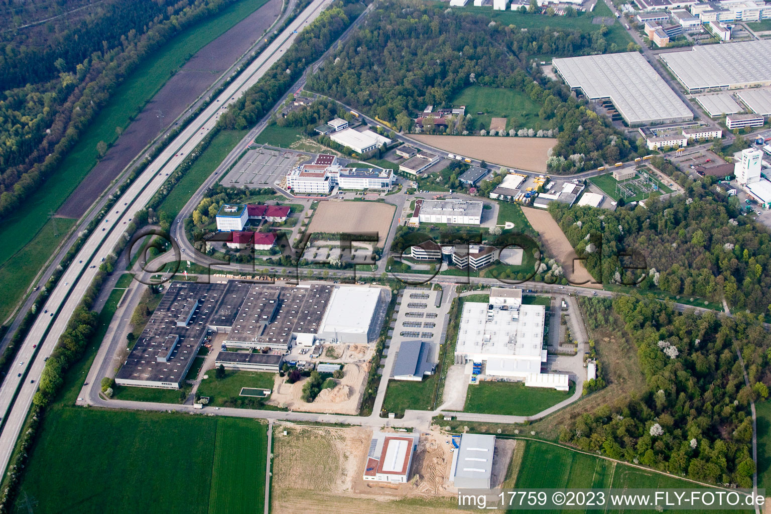 Aerial view of FlowServe Flow Control in the district Bruchhausen in Ettlingen in the state Baden-Wuerttemberg, Germany