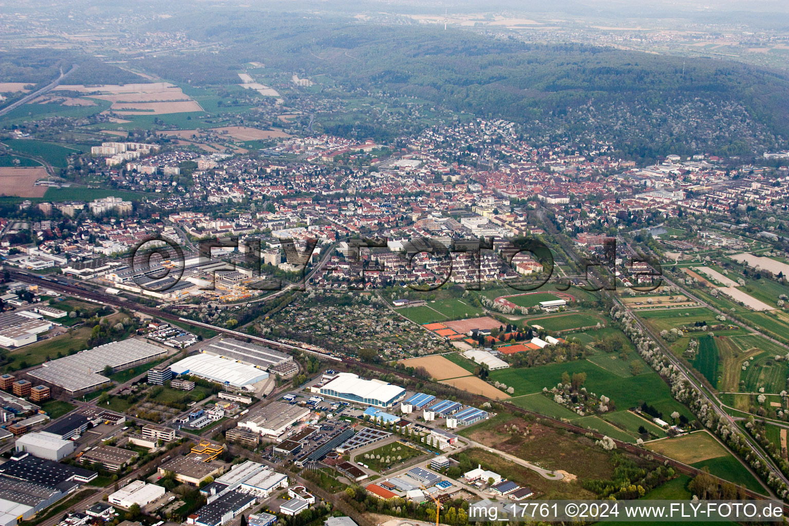 Drone recording of Ettlingen in the state Baden-Wuerttemberg, Germany