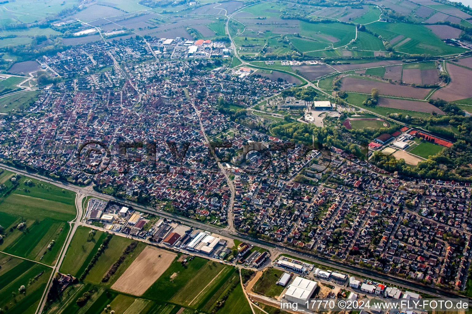 From northeast in the district Mörsch in Rheinstetten in the state Baden-Wuerttemberg, Germany