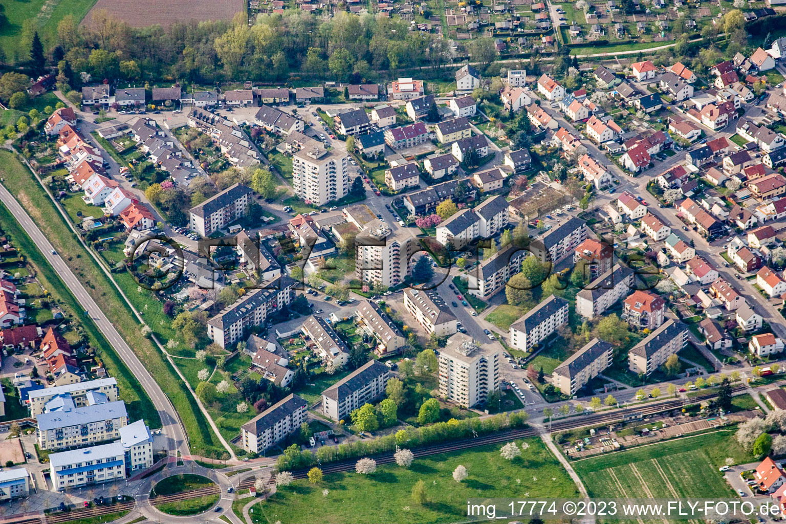 Aerial view of Oberfeldstrasse from the east in the district Forchheim in Rheinstetten in the state Baden-Wuerttemberg, Germany