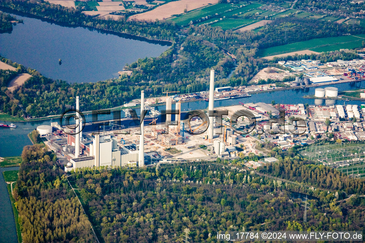 EnBW power plant in the district Rheinhafen in Karlsruhe in the state Baden-Wuerttemberg, Germany seen from above