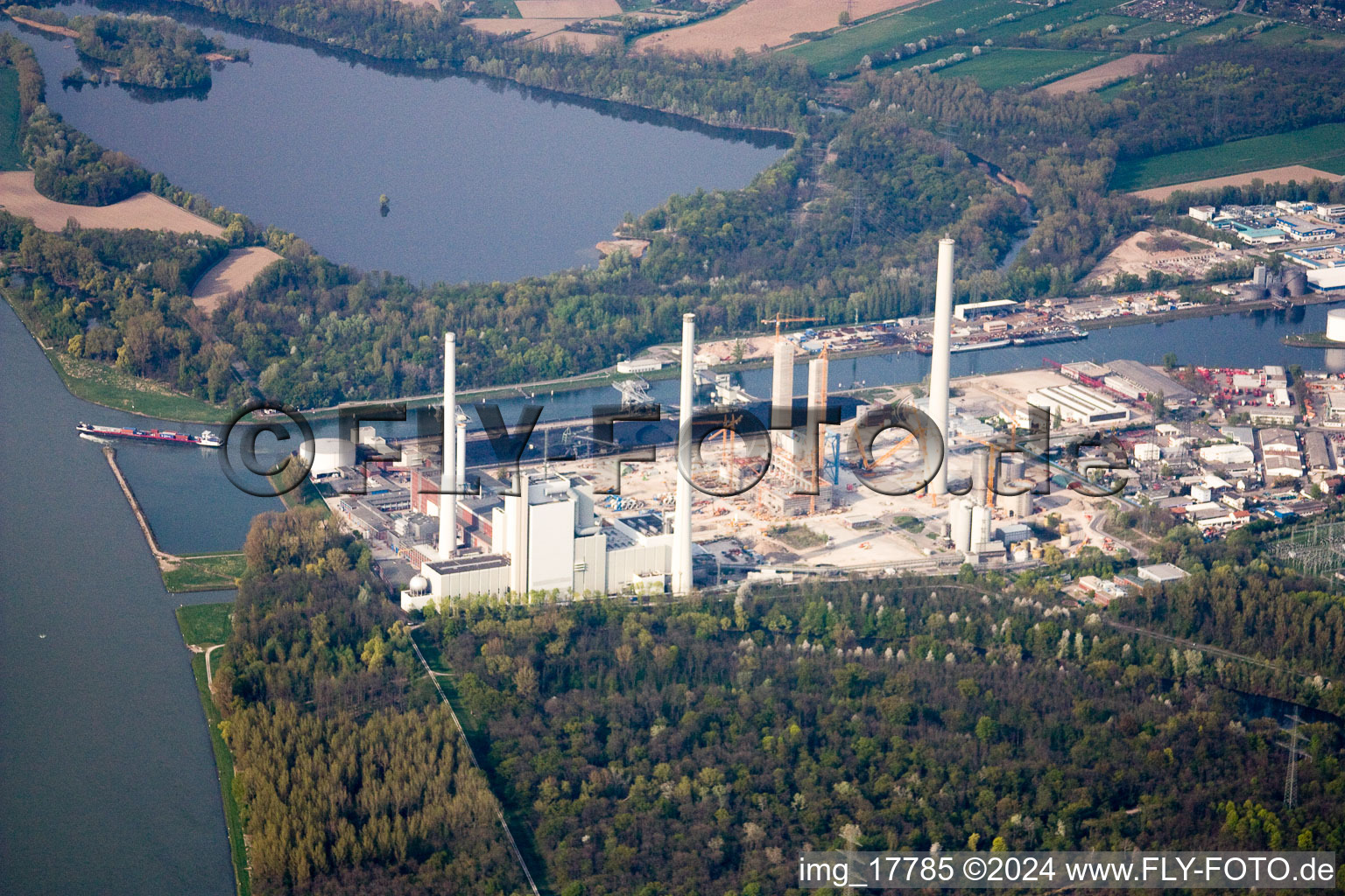 EnBW power plant in the district Rheinhafen in Karlsruhe in the state Baden-Wuerttemberg, Germany from the plane