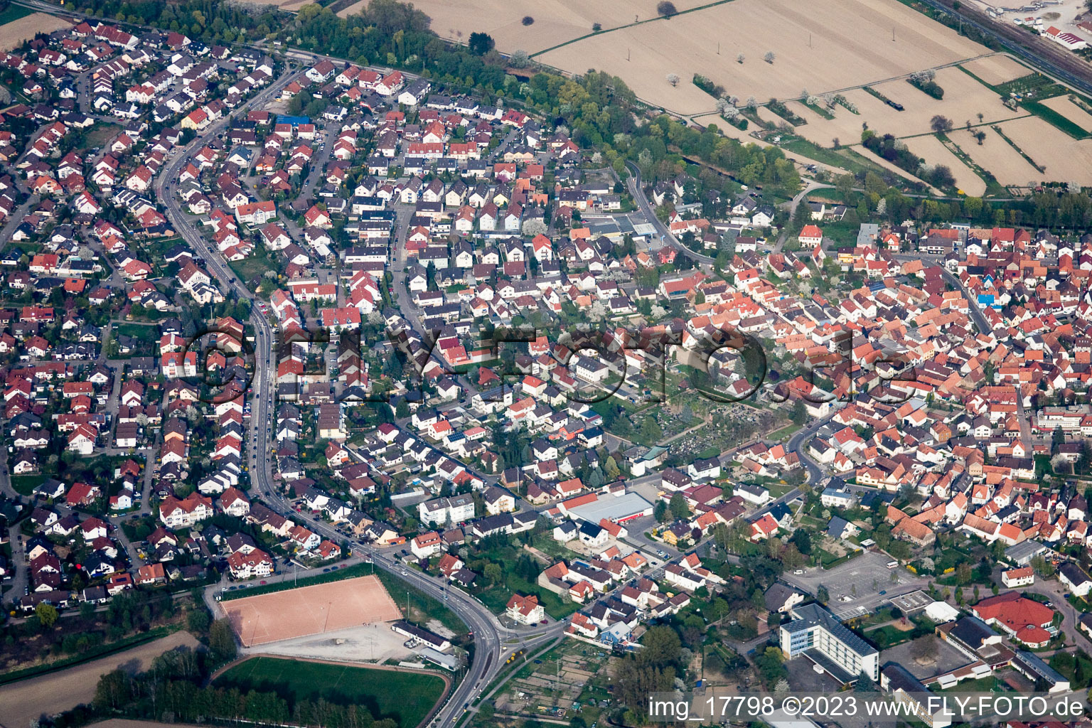 Aerial view of Hagenbach in the state Rhineland-Palatinate, Germany