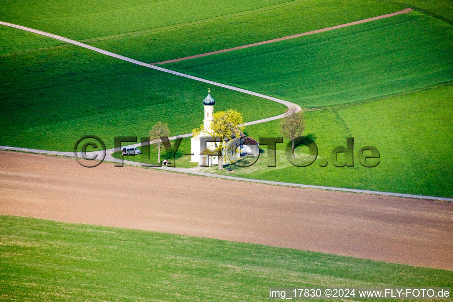 Aerial view of Earth station with chapel in Raisting in the state Bavaria, Germany