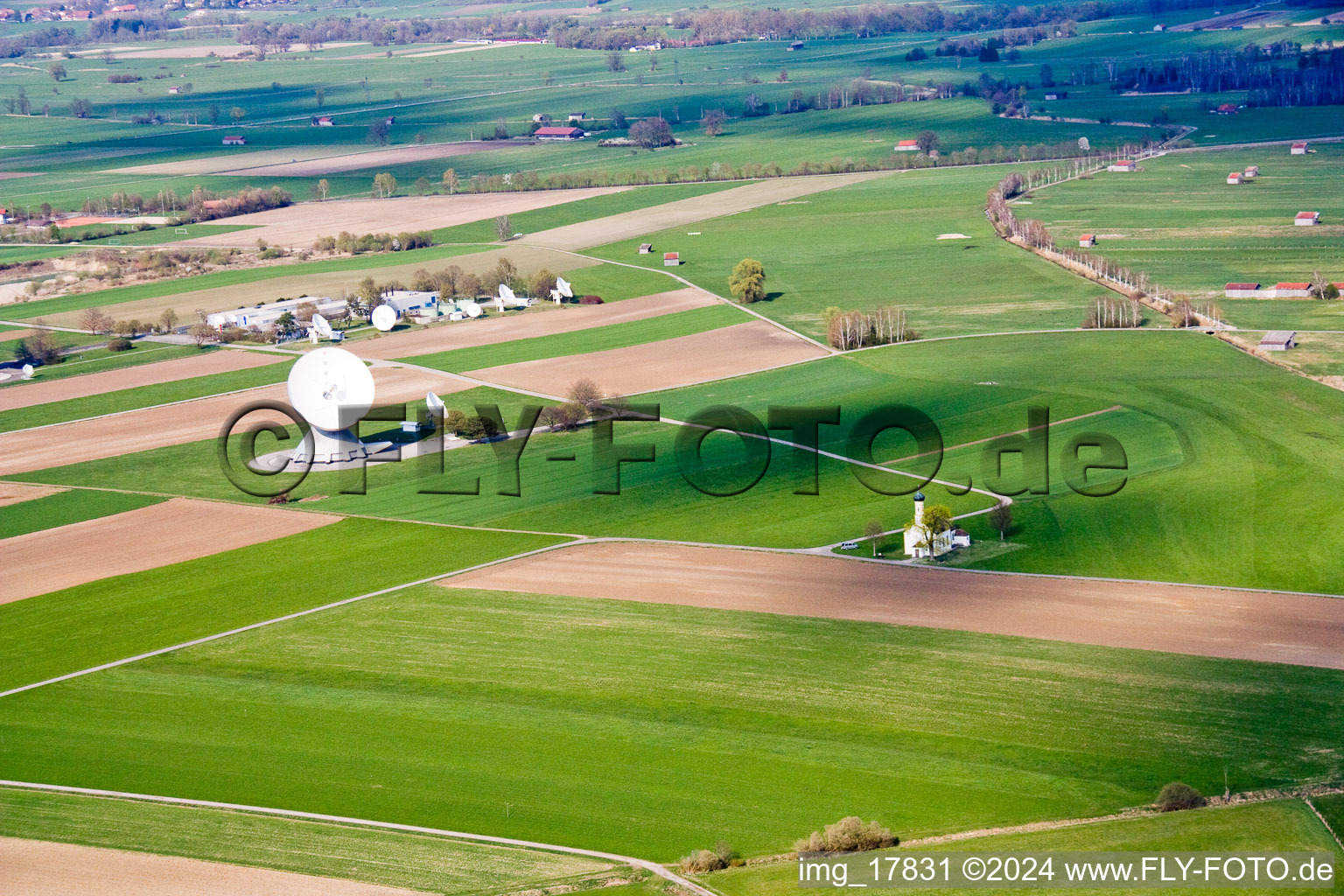 Aerial photograpy of Earth station with chapel in Raisting in the state Bavaria, Germany