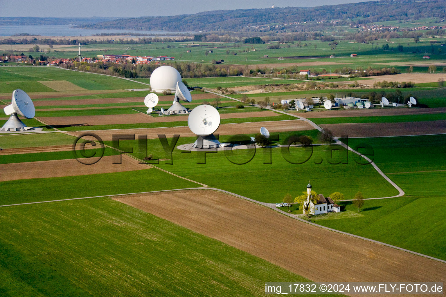 Parabolic satellite dishes Erdfunkstelle Raisting on Hofstaetterweg in Raisting in the state Bavaria