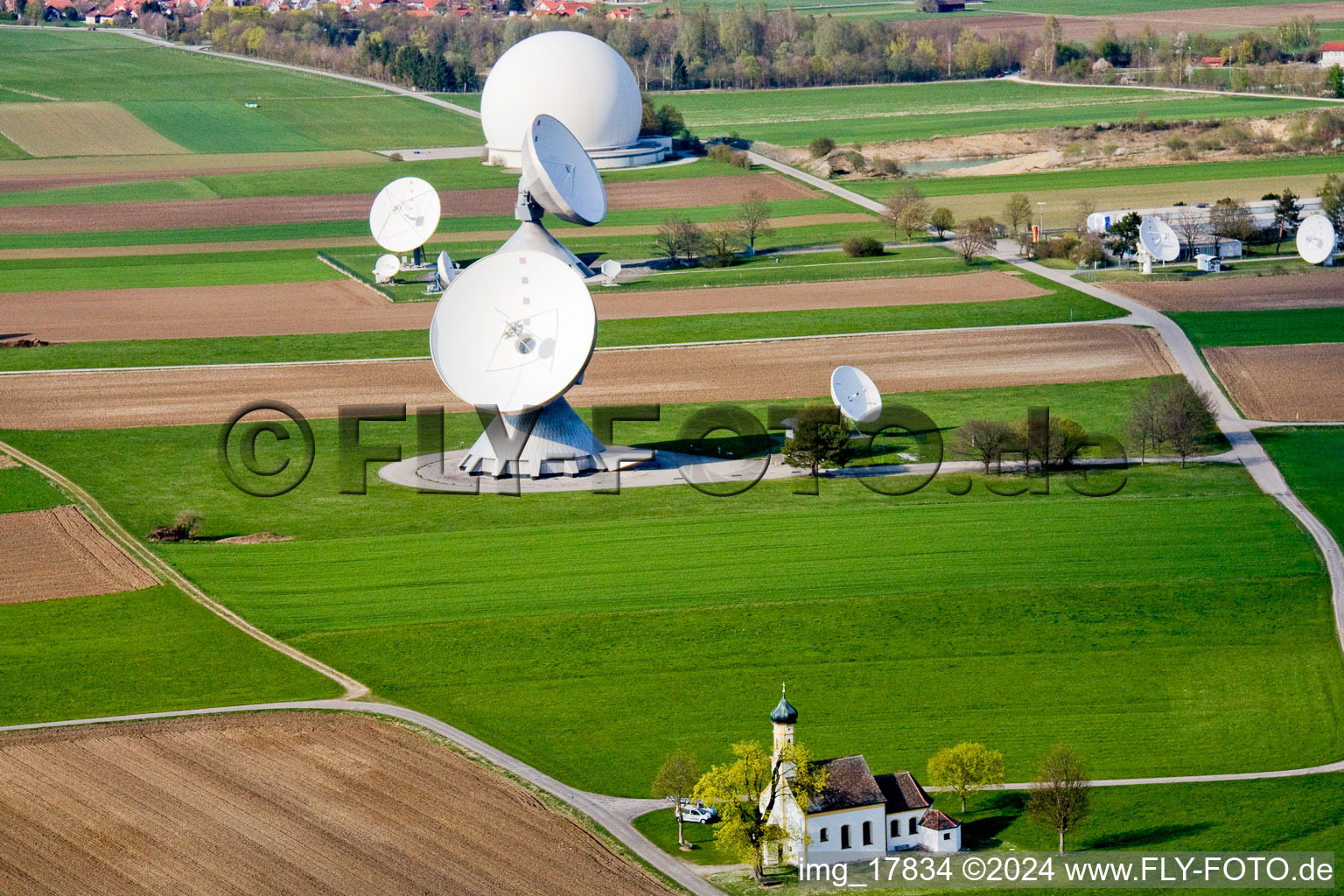 Aerial view of Parabolic satellite dishes Erdfunkstelle Raisting on Hofstaetterweg in Raisting in the state Bavaria