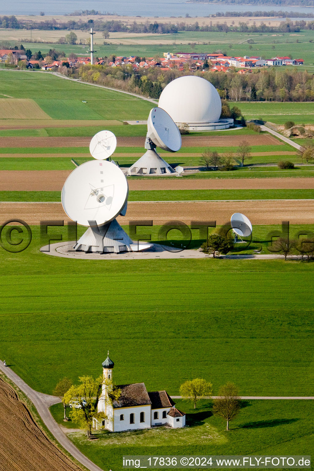 Aerial photograpy of Parabolic satellite dishes Erdfunkstelle Raisting on Hofstaetterweg in Raisting in the state Bavaria