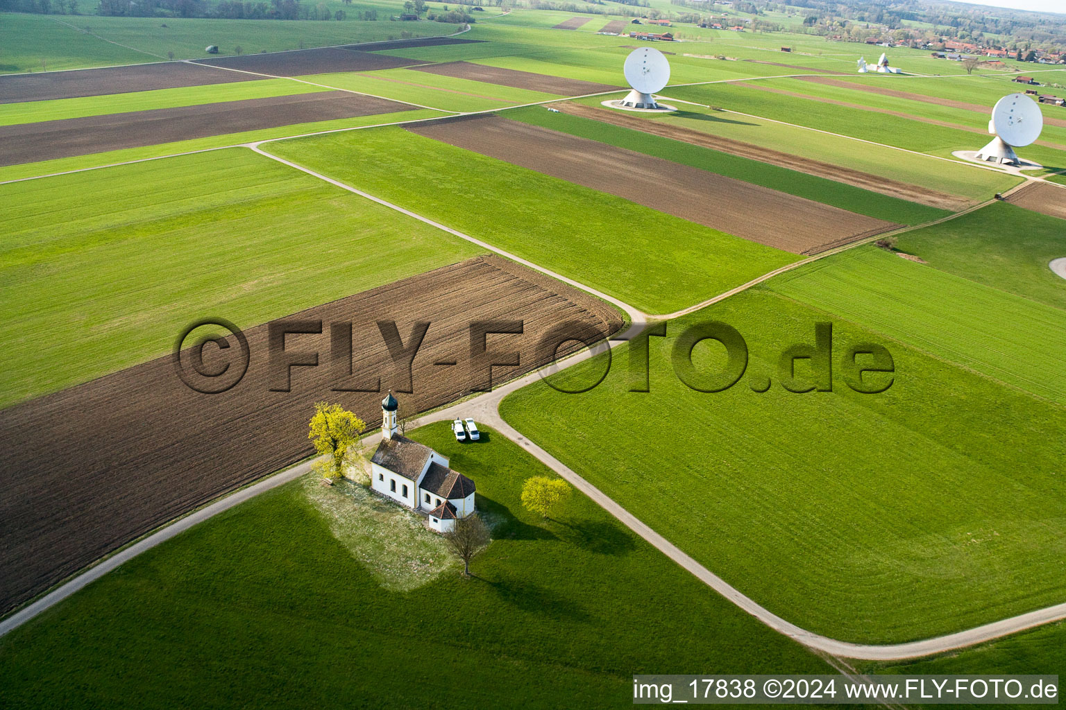 Oblique view of Parabolic satellite dishes Erdfunkstelle Raisting on Hofstaetterweg in Raisting in the state Bavaria