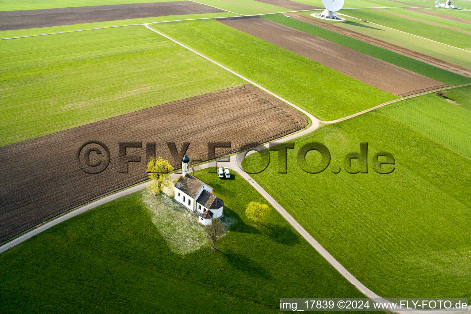 Earth station with chapel in Raisting in the state Bavaria, Germany from above