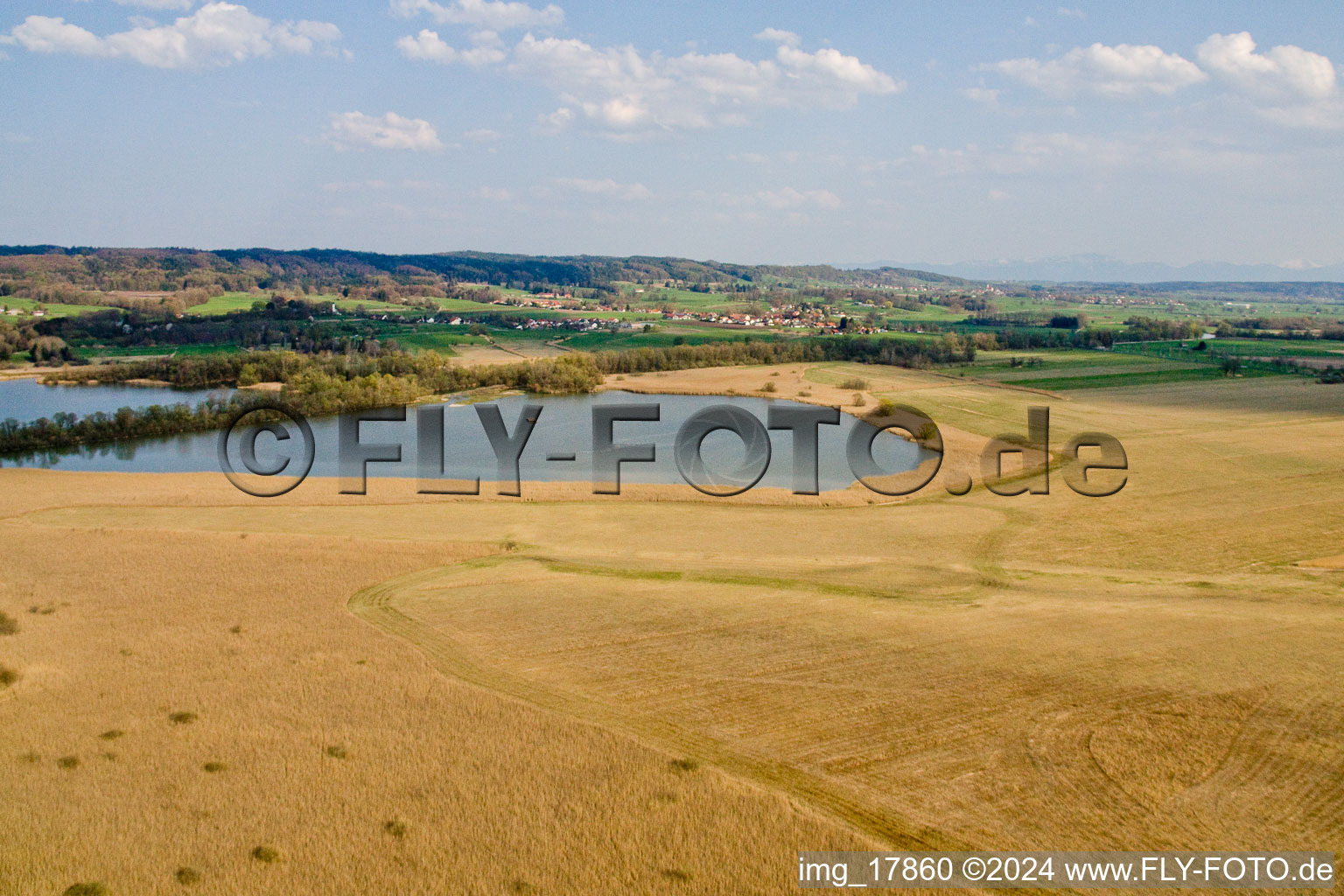 Aerial view of Ammersee, south shore in Fischen in the state Bavaria, Germany