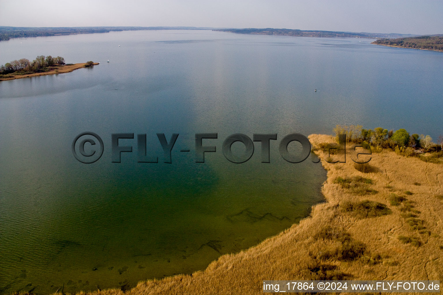 Aerial view of Riparian areas on the lake area of Ammersee in Diessen am Ammersee in the state Bavaria