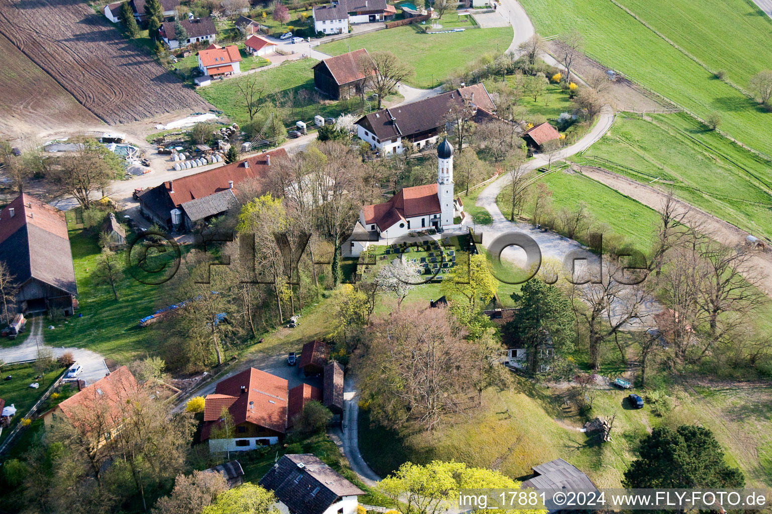 Aerial view of Grave rows on the grounds of the cemetery at the church in Paehl in the state Bavaria