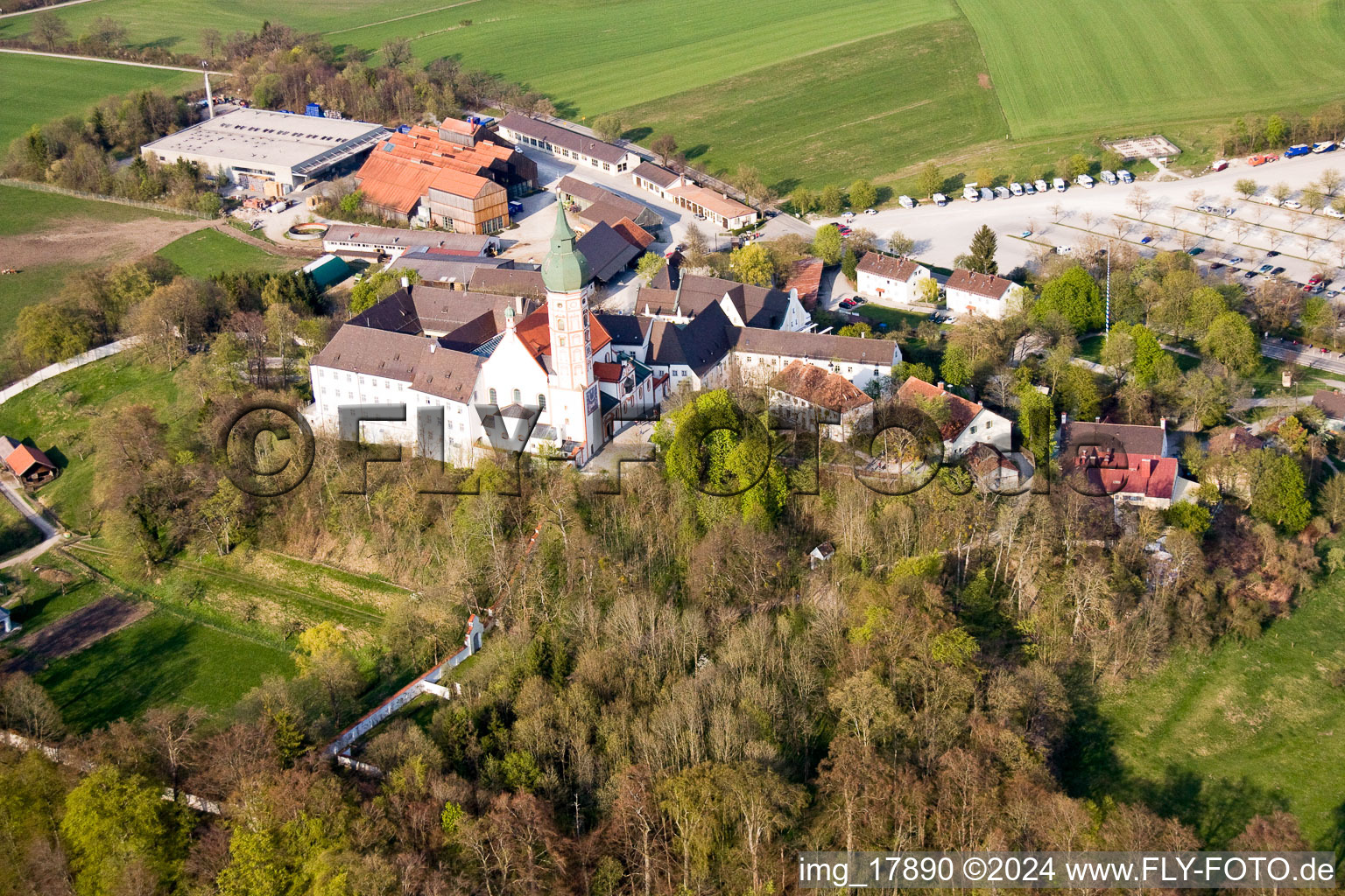 Aerial view of Monastery Brewery in Andechs in the state Bavaria, Germany