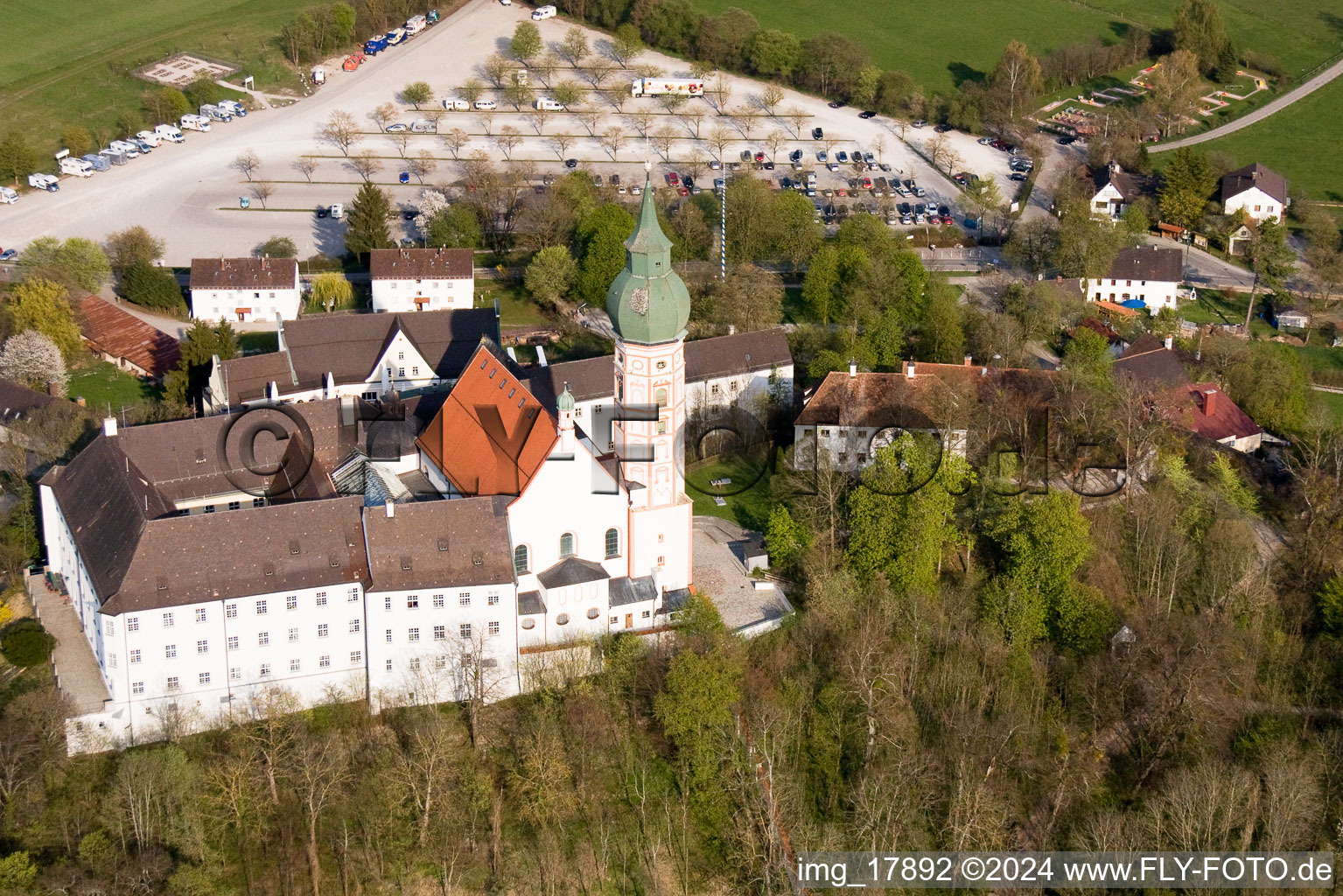 Oblique view of Monastery Brewery in Andechs in the state Bavaria, Germany