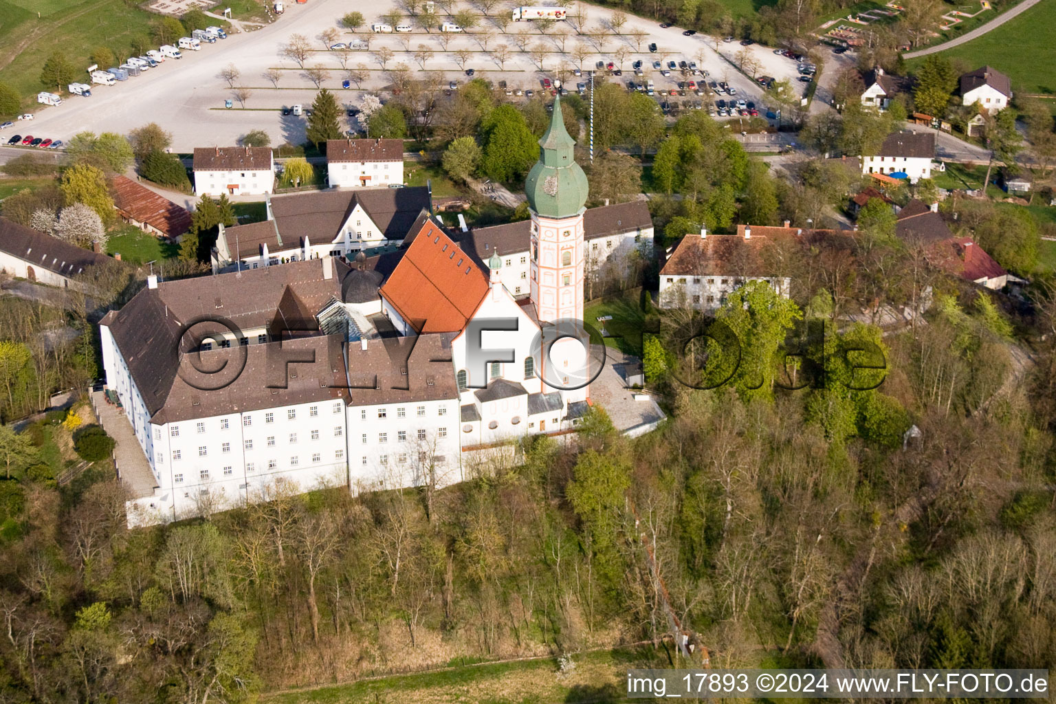 Monastery Brewery in Andechs in the state Bavaria, Germany from above