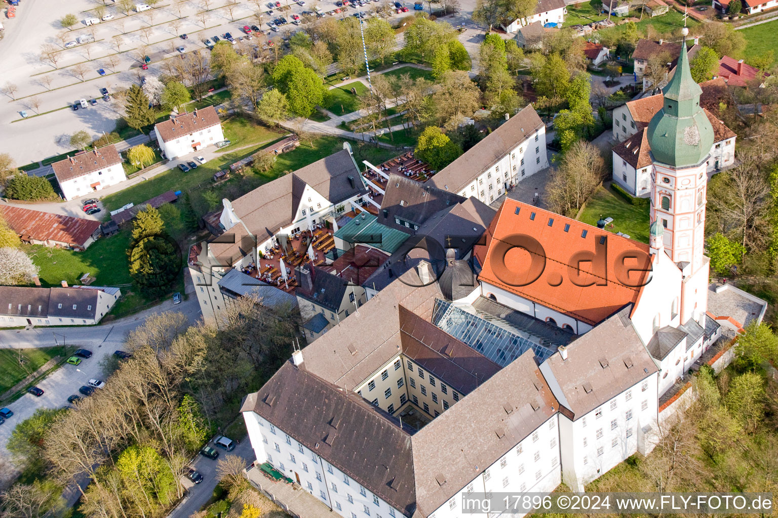 Aerial view of Complex of buildings of the monastery and brewery Andechs in the district Erling in Andechs in the state Bavaria