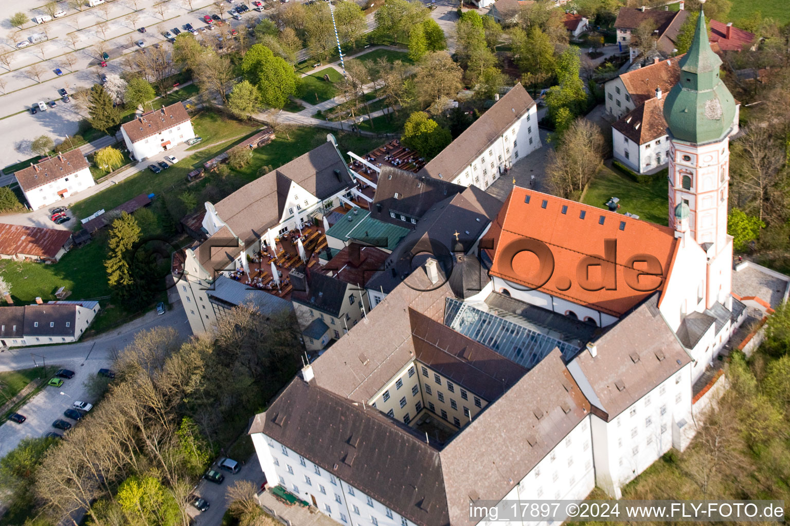 Monastery Brewery in Andechs in the state Bavaria, Germany seen from above