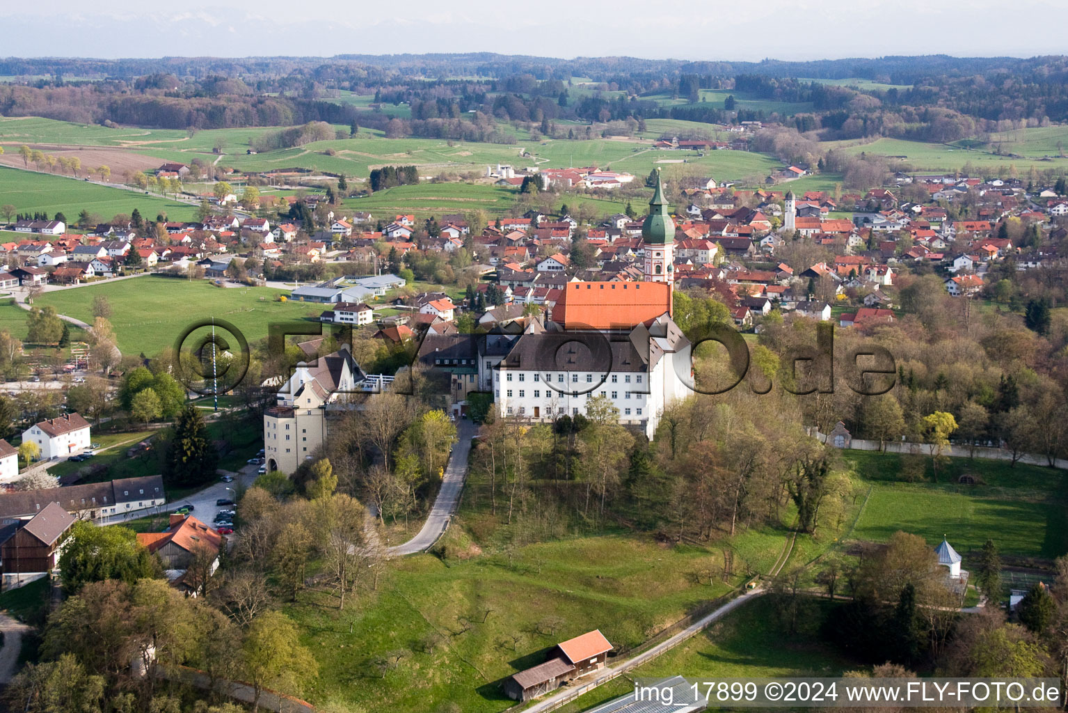 Aerial view of Complex of buildings of the monastery and brewery on Bergstrasse in Andechs in the state Bavaria