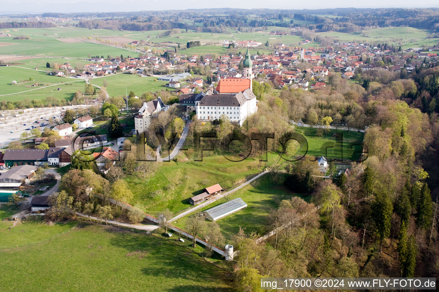 Bird's eye view of Monastery Brewery in Andechs in the state Bavaria, Germany