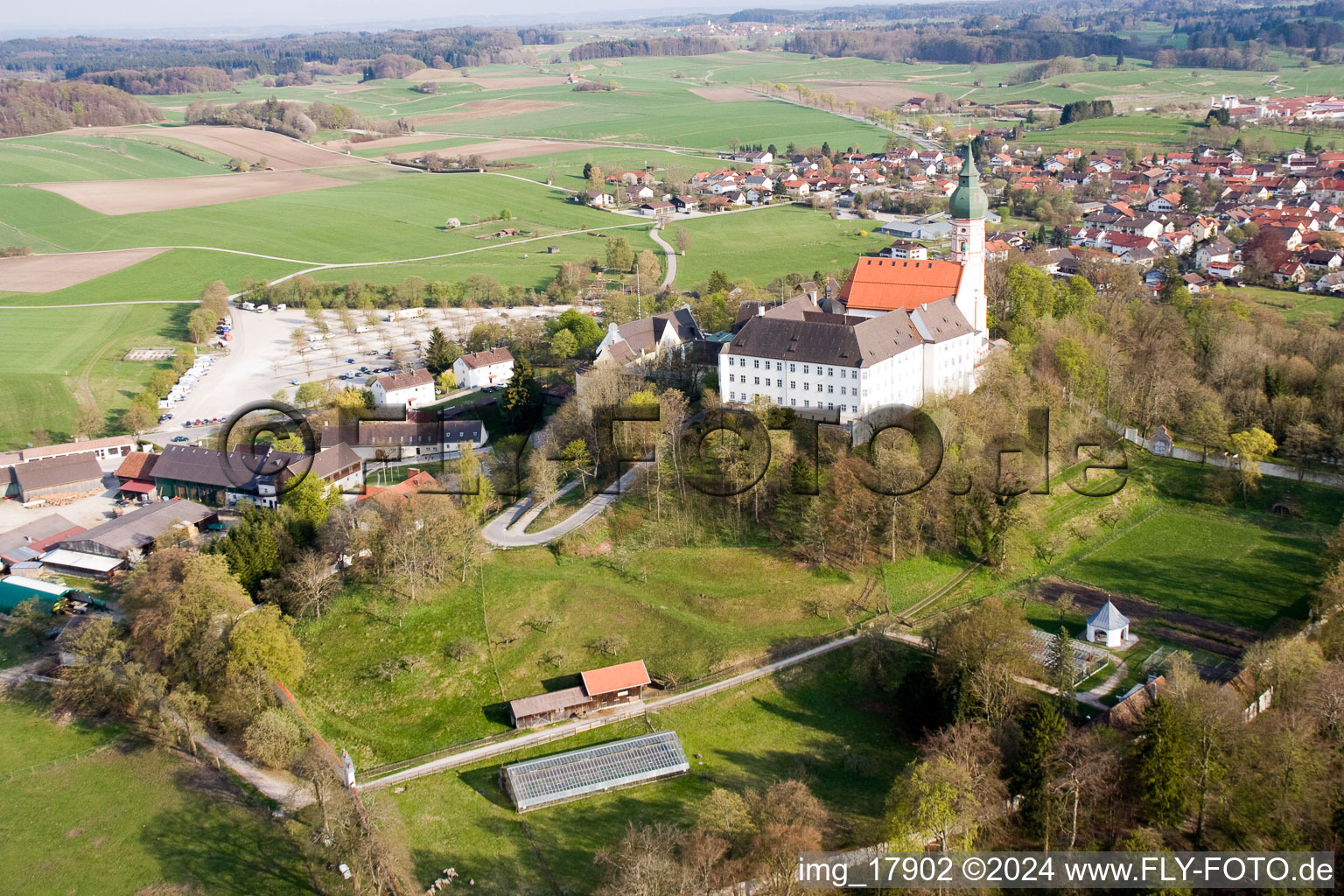 Monastery Brewery in Andechs in the state Bavaria, Germany viewn from the air