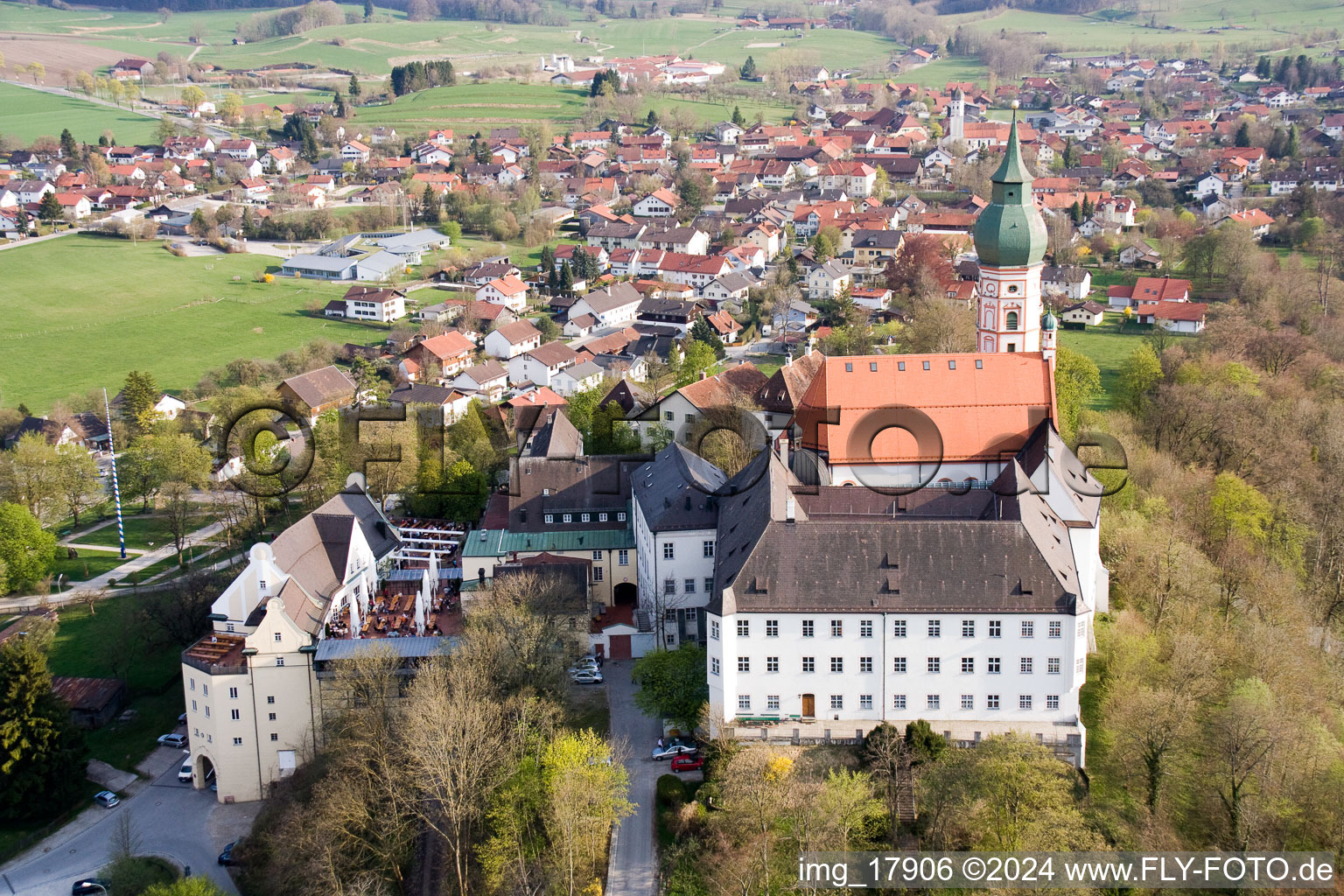 Monastery Brewery in Andechs in the state Bavaria, Germany from a drone