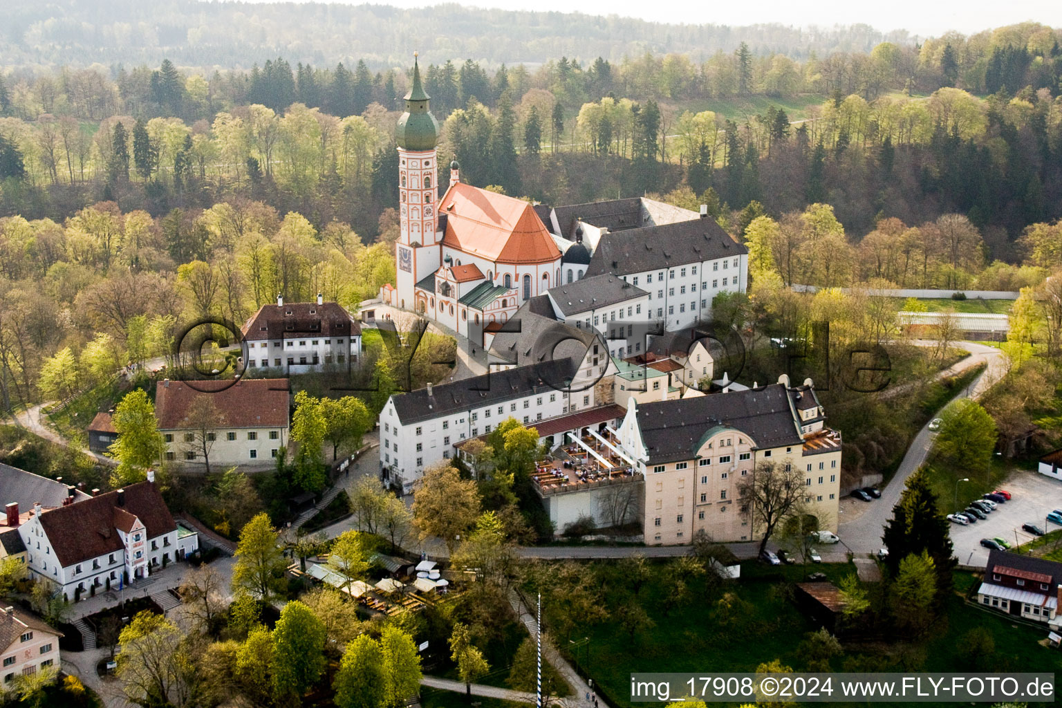 Aerial photograpy of Complex of buildings of the monastery and brewery on Bergstrasse in Andechs in the state Bavaria