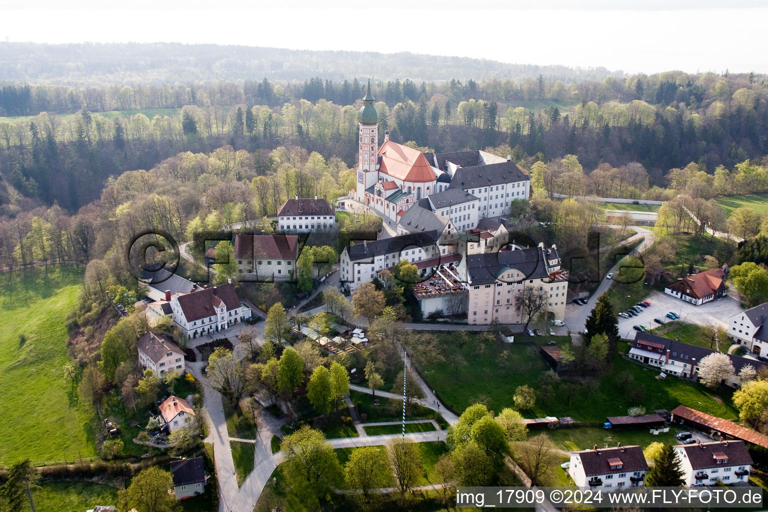 Monastery Brewery in Andechs in the state Bavaria, Germany seen from a drone