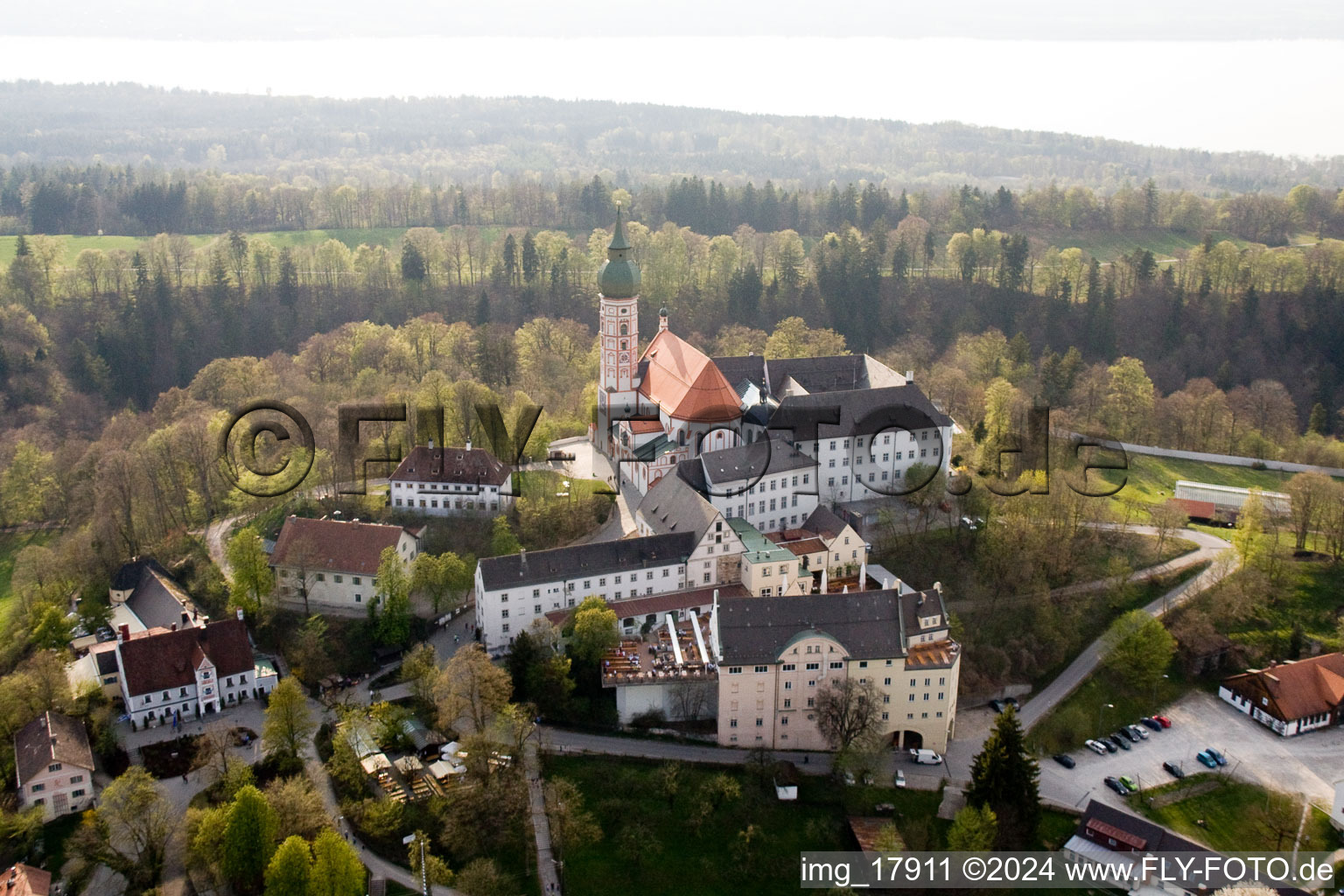 Aerial view of Monastery Brewery in Andechs in the state Bavaria, Germany