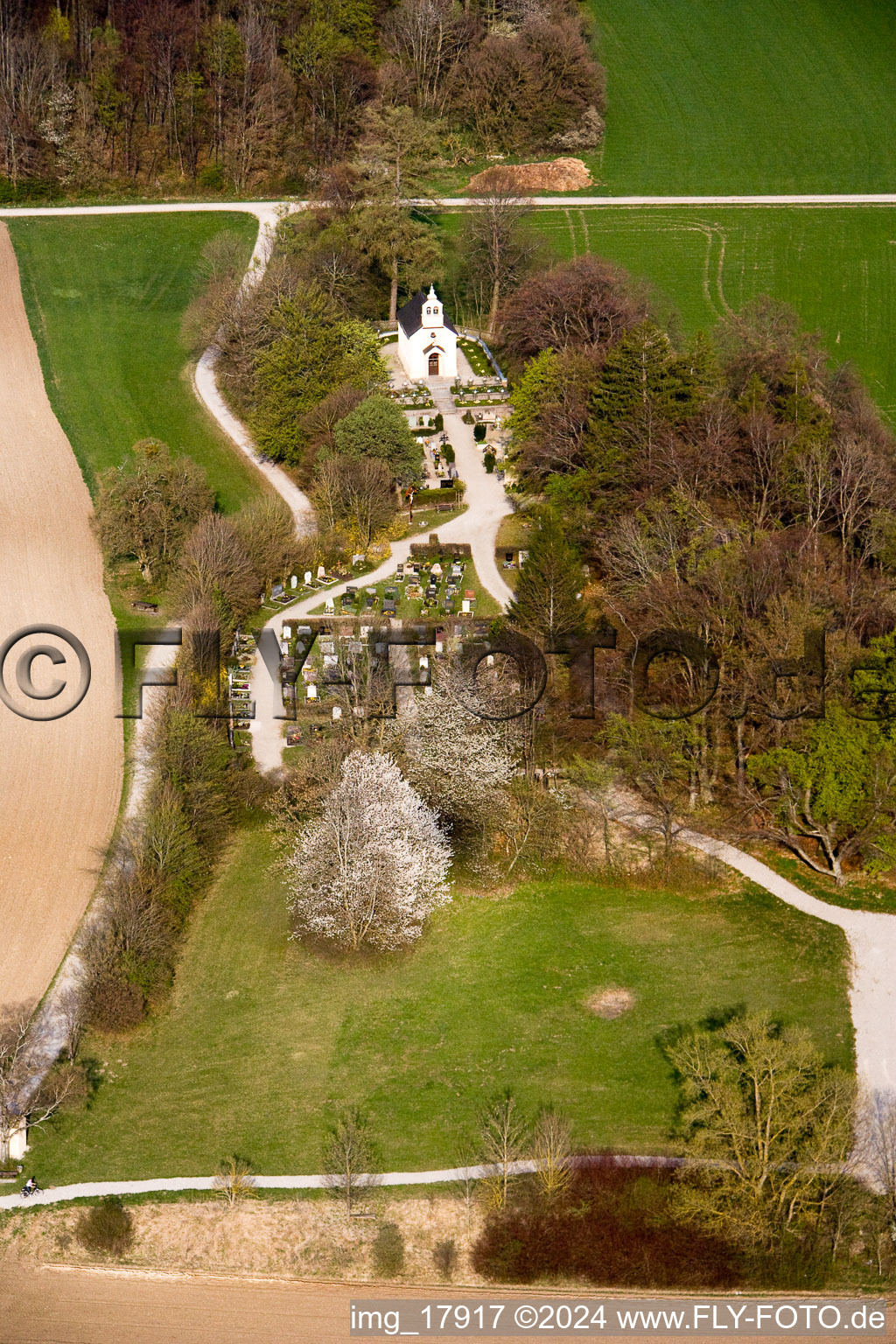 Aerial view of Cemetery and Peace Chapel in the district Erling in Andechs in the state Bavaria, Germany