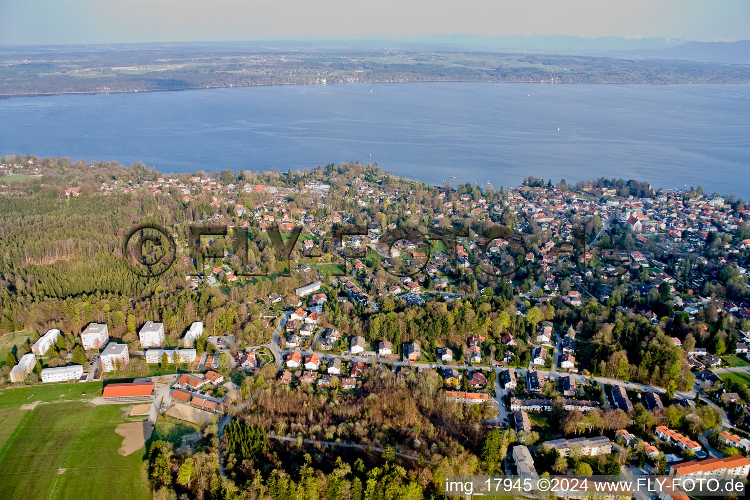 Aerial view of At Lake Starnberg in Tutzing in the state Bavaria, Germany