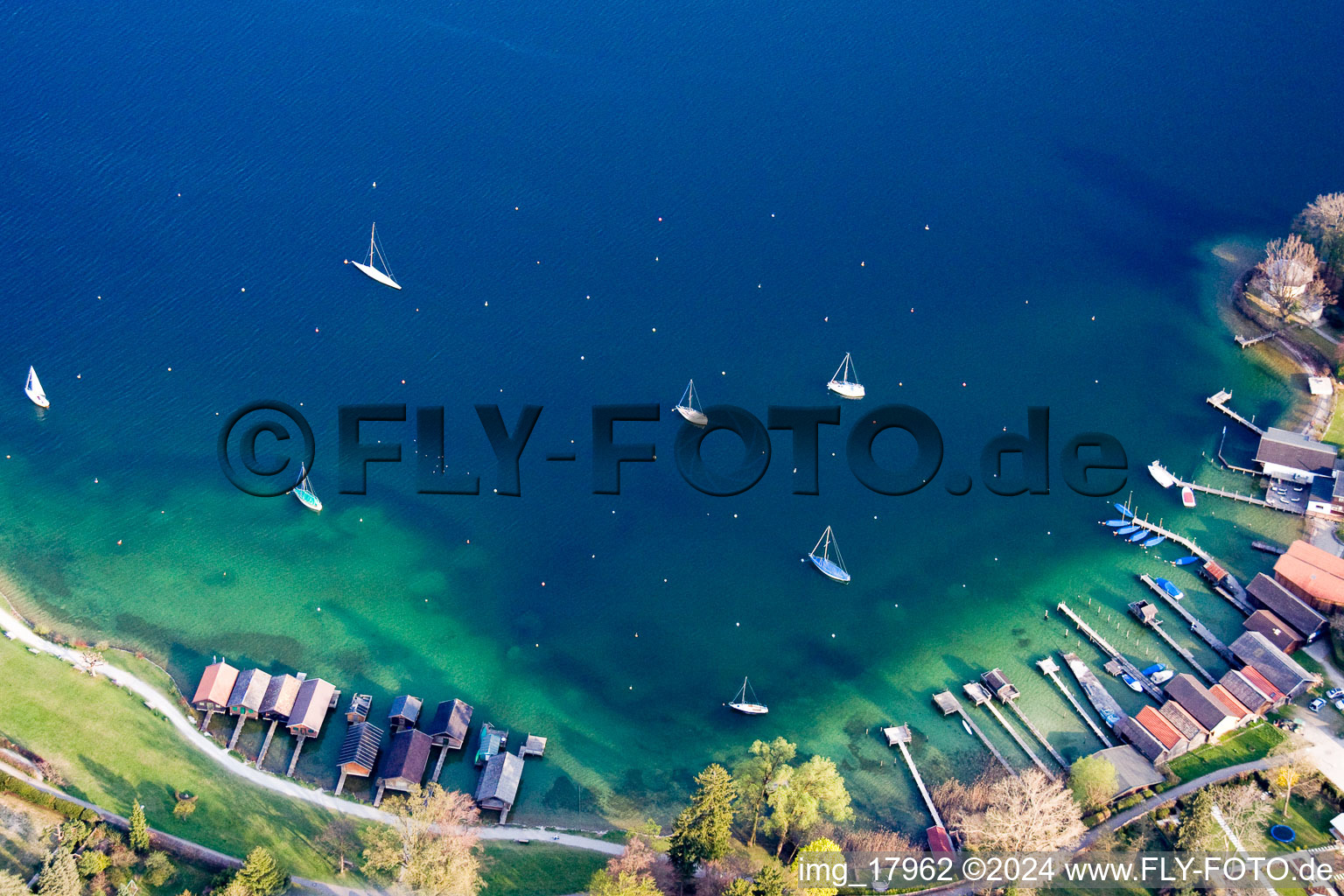 Aerial view of Riparian areas on the lake area of Starnberger See in Tutzing in the state Bavaria