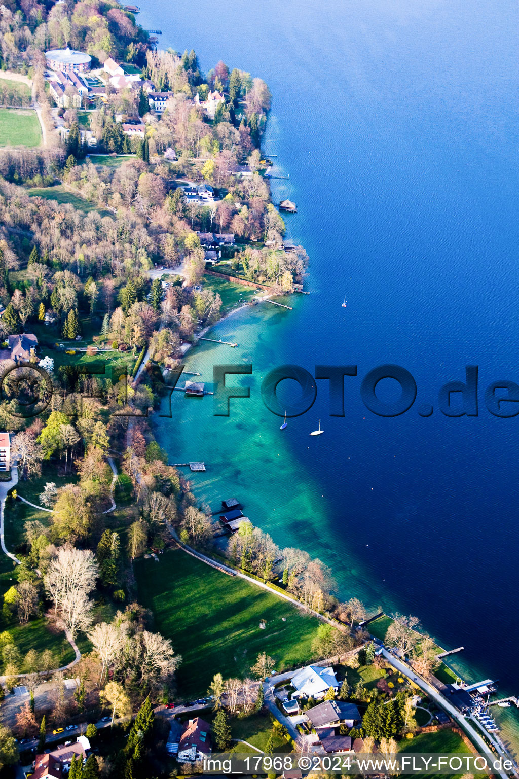 Aerial photograpy of Riparian areas on the lake area of Starnberger See in Tutzing in the state Bavaria