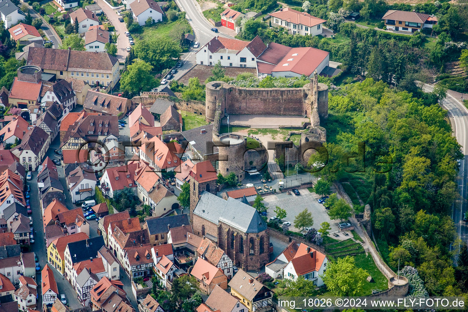 Aerial view of Ruins and vestiges of the former castle and fortress Neuleiningen in Neuleiningen in the state Rhineland-Palatinate