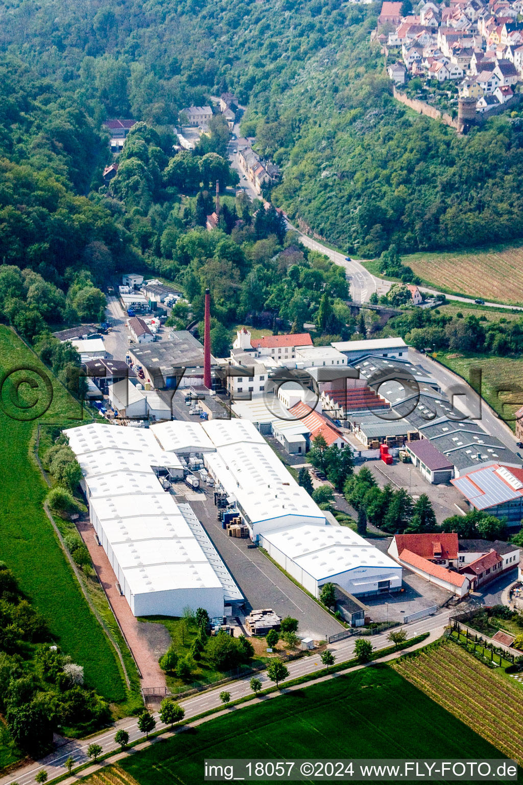 Aerial view of Building and production halls on the premises of the chemical manufacturers Gechem GmbH & Co KG in the district Neuleiningen-Tal in Kleinkarlbach in the state Rhineland-Palatinate, Germany