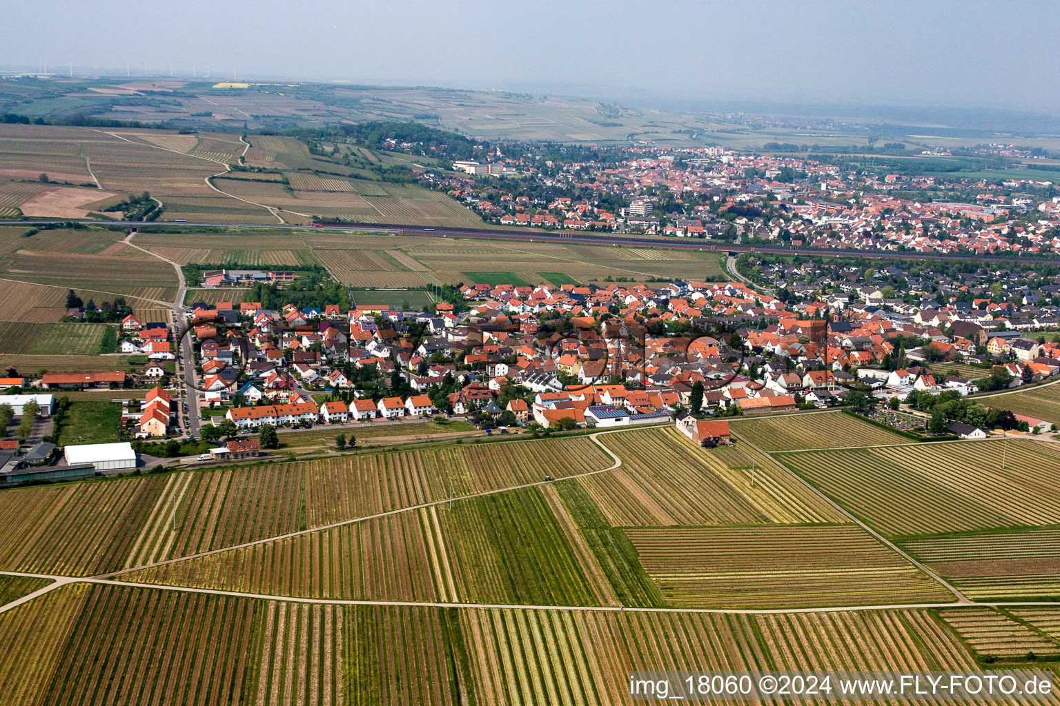 District Sausenheim in Grünstadt in the state Rhineland-Palatinate, Germany from above