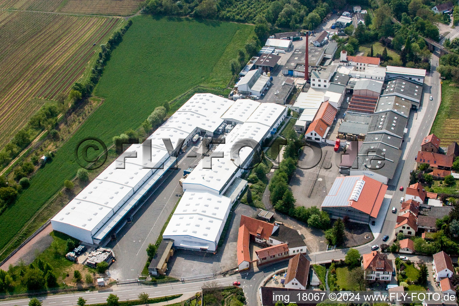 Aerial photograpy of Building and production halls on the premises of the chemical manufacturers Gechem GmbH & Co KG in the district Neuleiningen-Tal in Kleinkarlbach in the state Rhineland-Palatinate, Germany