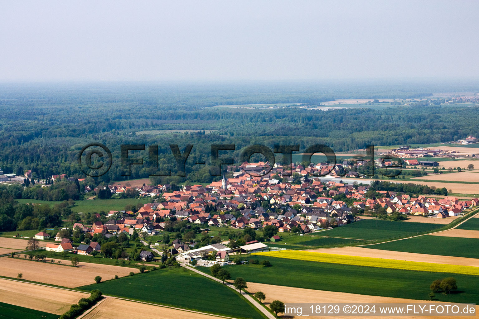 Bird's eye view of Niederrœdern in the state Bas-Rhin, France