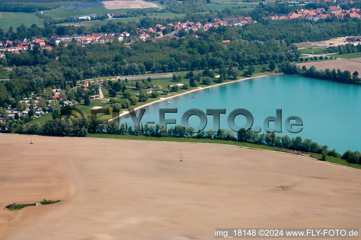 Sandy beach areas on the Aquapark Alsace in Lauterbourg in Grand Est, France