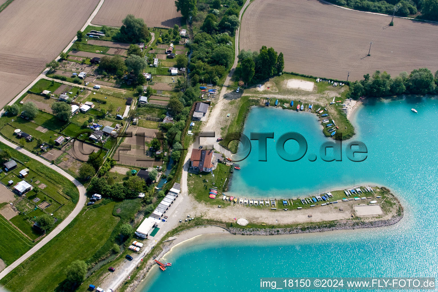 Aerial view of Sandy beach areas on the Aquapark Alsace in Lauterbourg in Grand Est, France