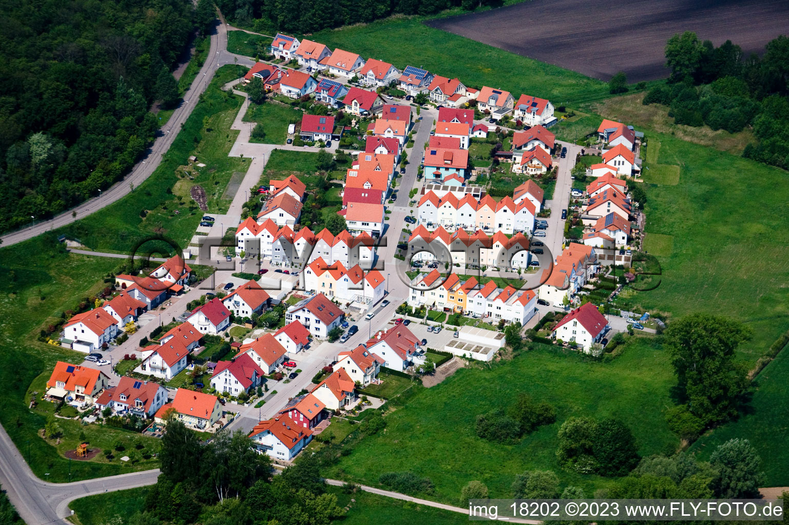 Bird's eye view of New development area in Wörth am Rhein in the state Rhineland-Palatinate, Germany