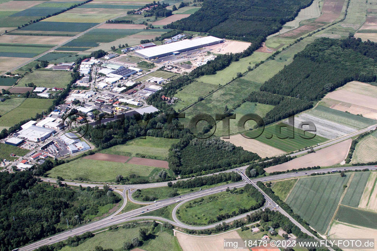 Coincidence logistics center in the district Minderslachen in Kandel in the state Rhineland-Palatinate, Germany seen from above