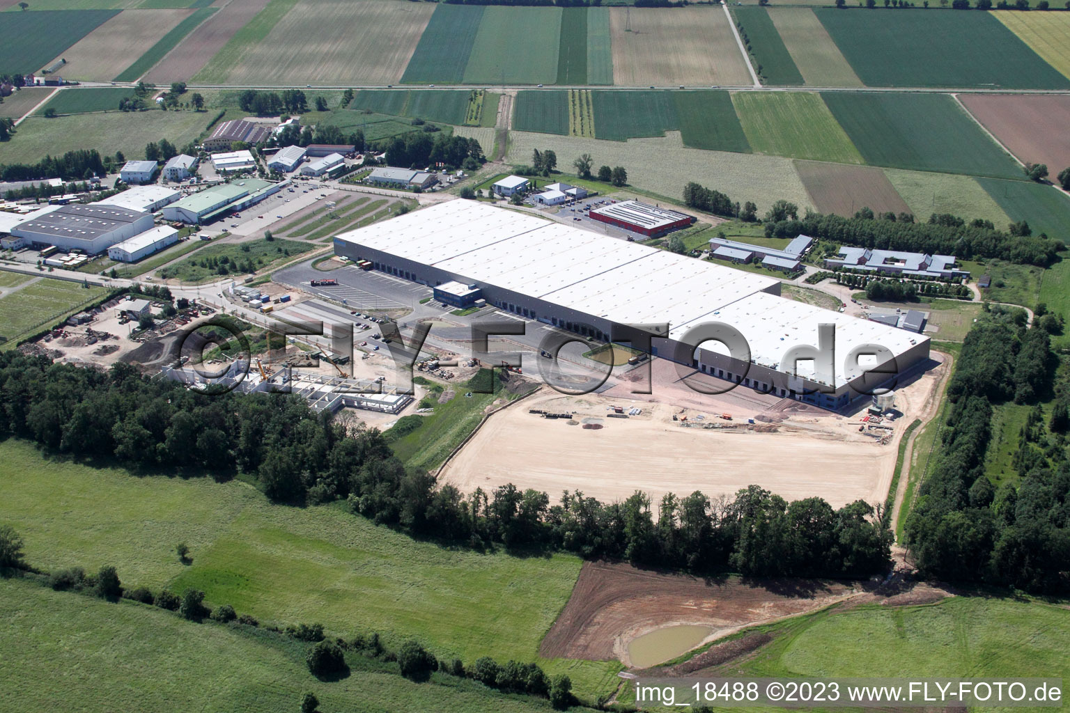 Coincidence logistics center in the district Minderslachen in Kandel in the state Rhineland-Palatinate, Germany from the drone perspective