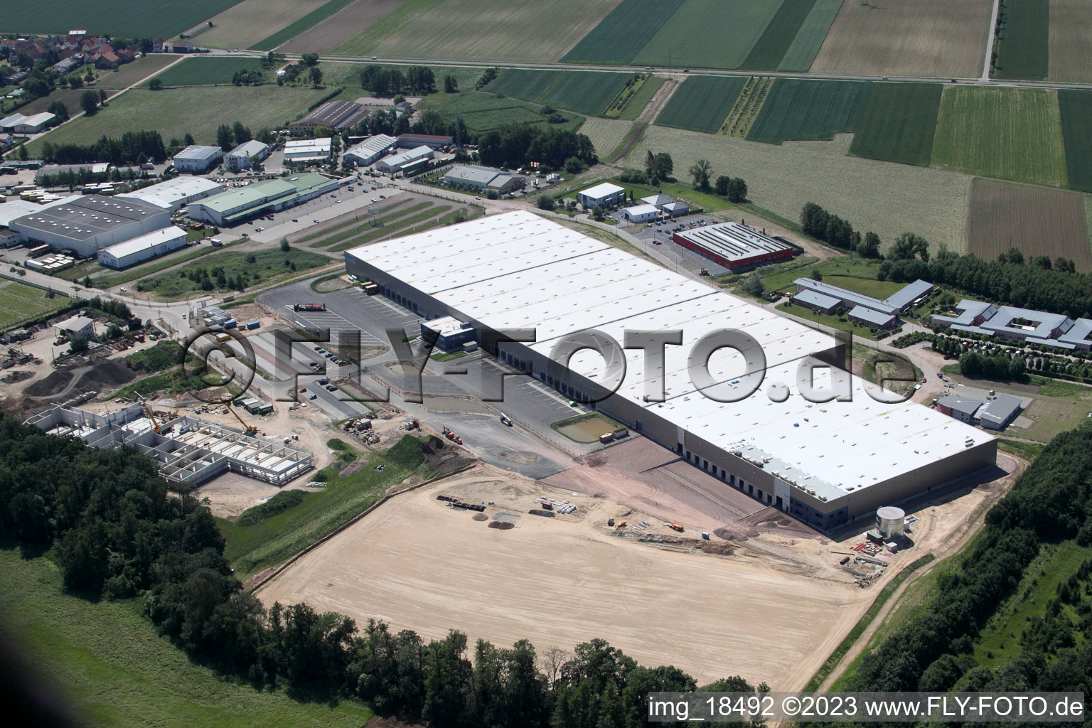 Coincidence logistics center in the district Minderslachen in Kandel in the state Rhineland-Palatinate, Germany seen from a drone