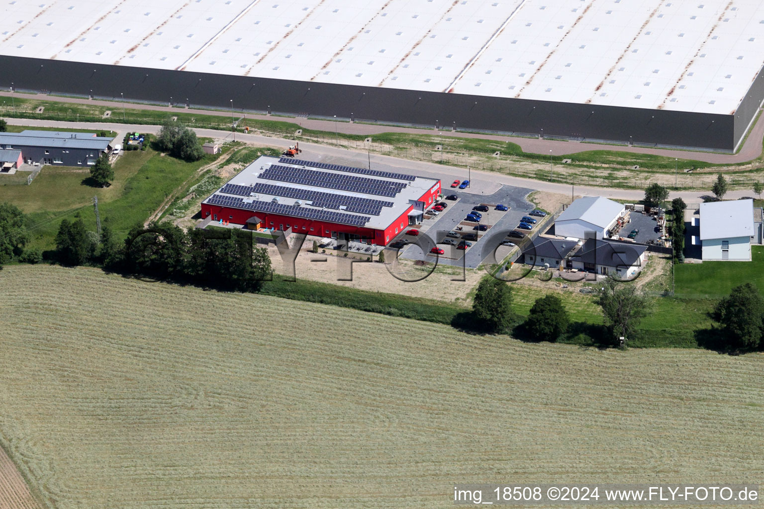 Oblique view of Bienwald-Fitnessworld in the district Minderslachen in Kandel in the state Rhineland-Palatinate, Germany