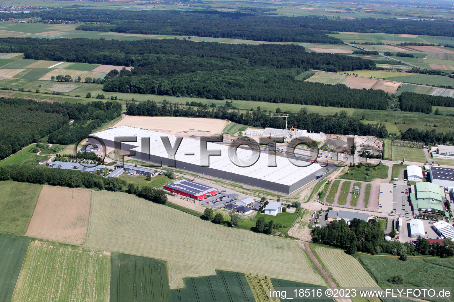 Coincidence logistics center in the district Minderslachen in Kandel in the state Rhineland-Palatinate, Germany seen from above