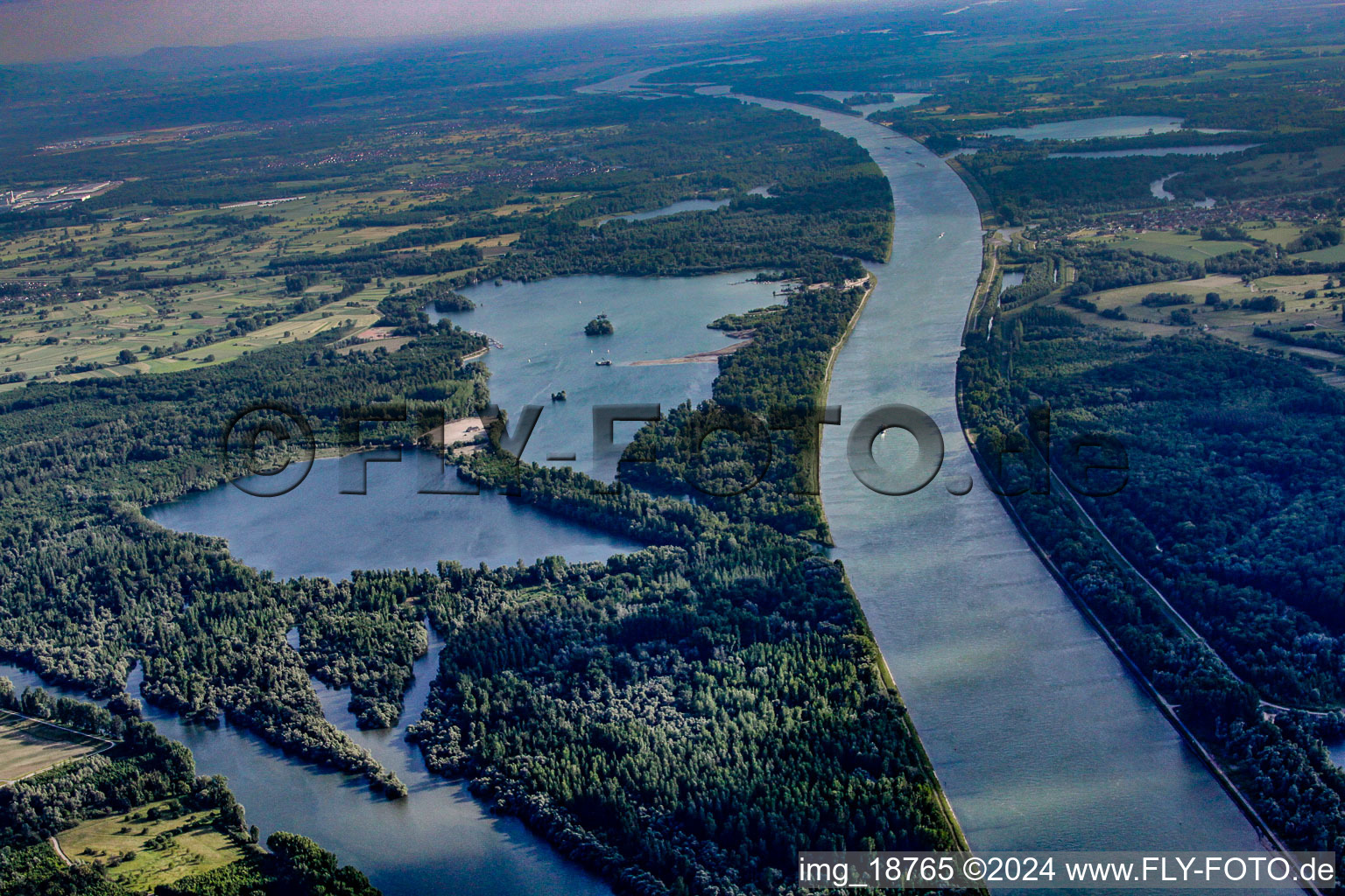 Channel flow and river banks of the waterway shipping on the Rhine river near Goldkanal in Elchesheim-Illingen in the state Baden-Wurttemberg