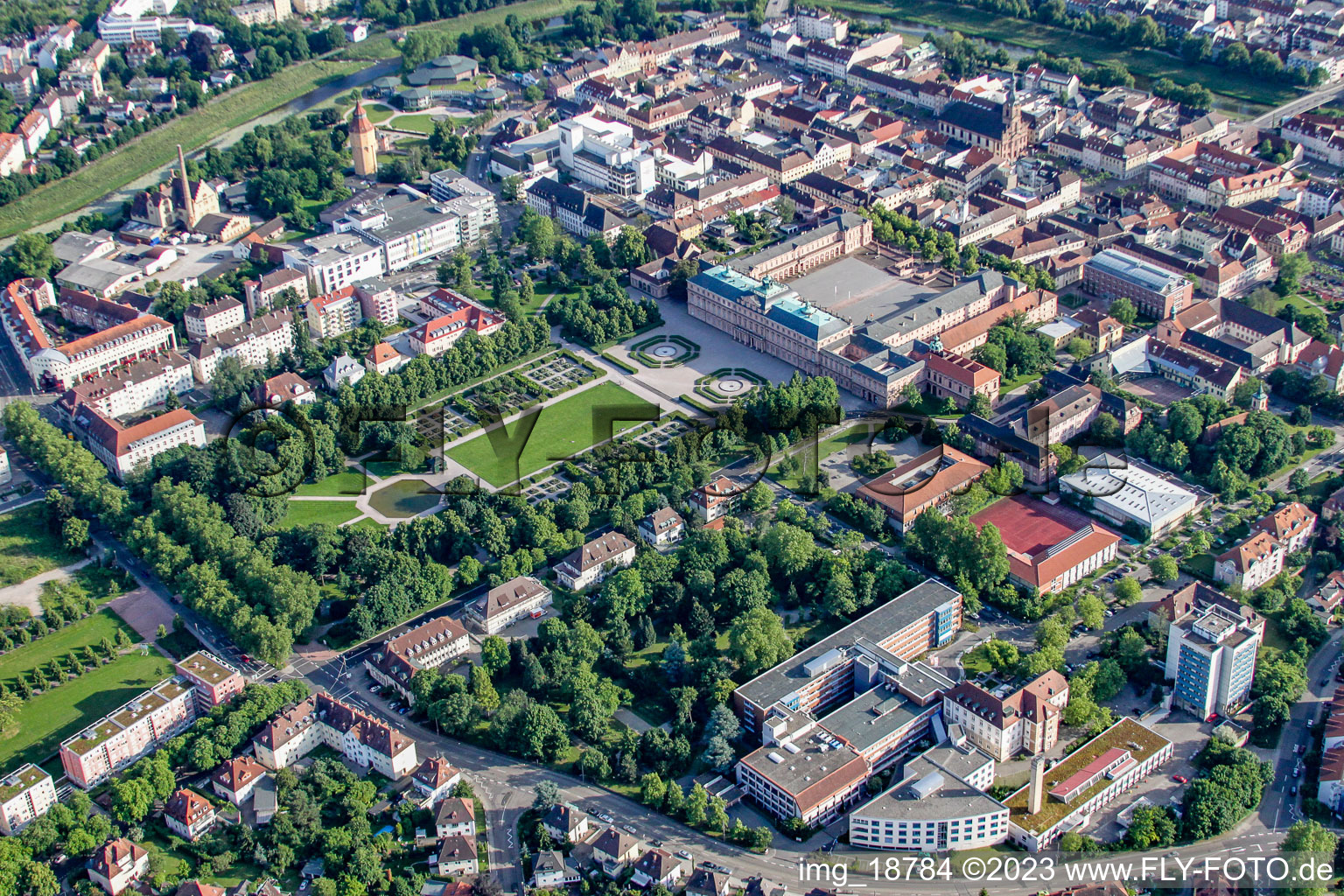 Clinic and castle park from the northwest in Rastatt in the state Baden-Wuerttemberg, Germany