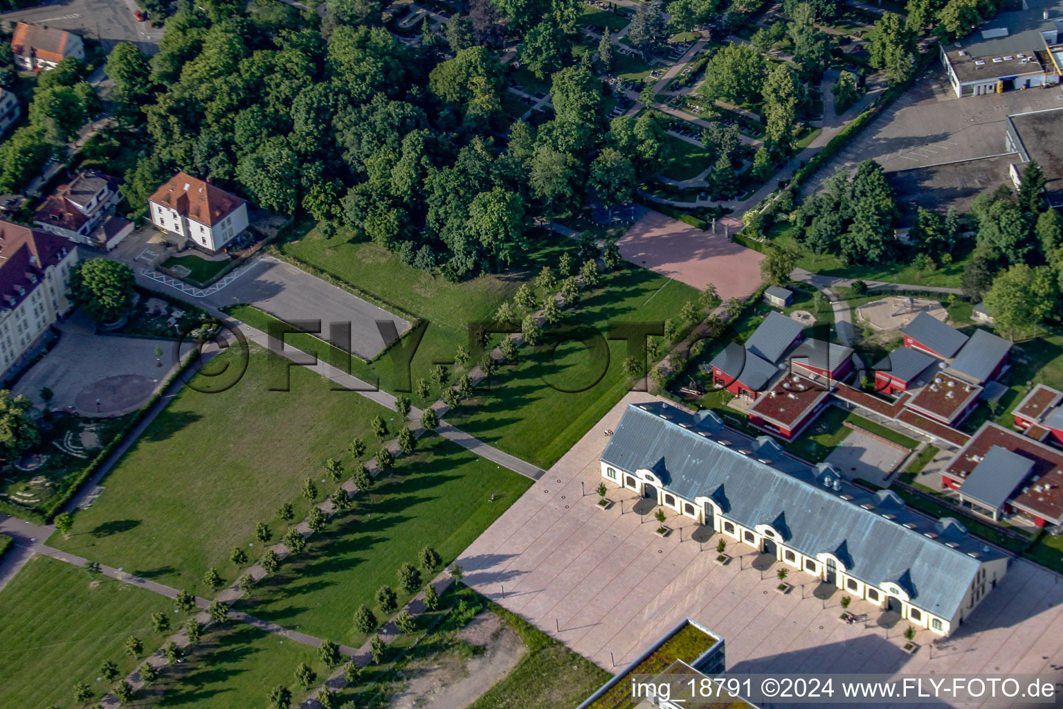 Castle park with riding hall in Rastatt in the state Baden-Wuerttemberg, Germany