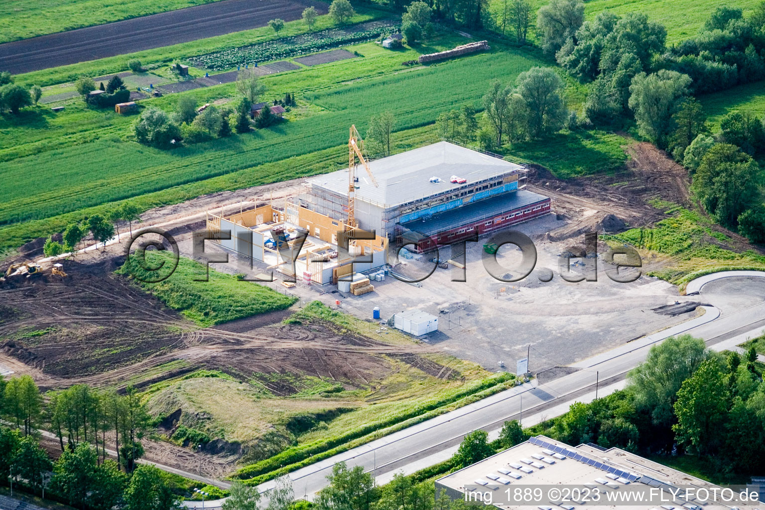 Oblique view of Multi-purpose hall construction site in Kandel in the state Rhineland-Palatinate, Germany